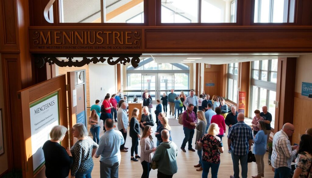 A bustling community center in West Des Moines, with a warm and inviting atmosphere. The ministries team welcomes visitors through an ornate wooden entrance, showcasing their commitment to serving the local community. Inside, a spacious lobby features floor-to-ceiling windows, allowing natural light to flood the space. Congregants mingle in small groups, discussing outreach programs and volunteering opportunities. In the background, a modern sanctuary can be glimpsed, hinting at the spiritual heart of this vibrant faith community. The scene conveys a sense of unity, purpose, and a deep-rooted connection to the neighborhood.