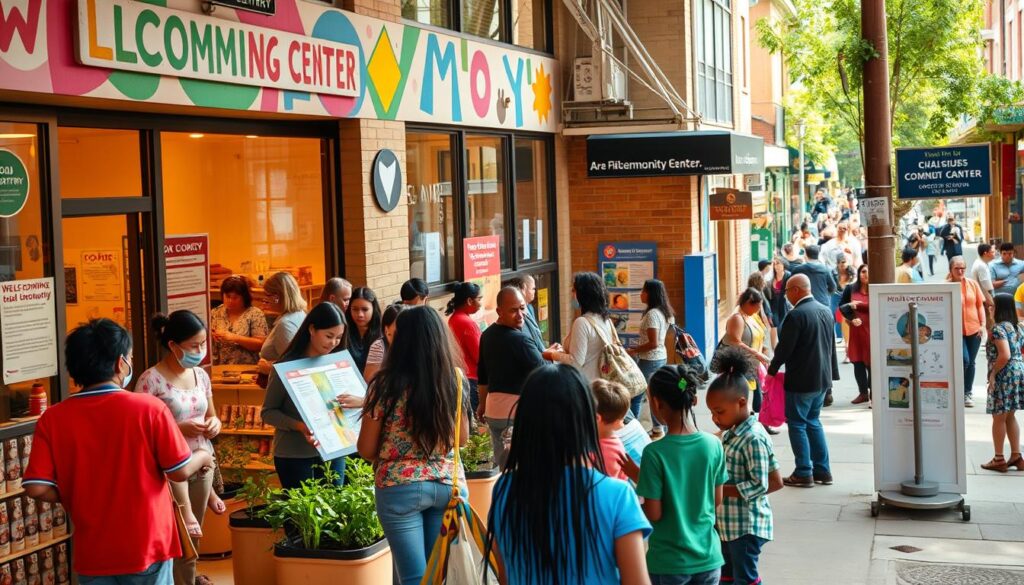 A bustling community center, its façade adorned with vibrant murals and welcoming signage. In the foreground, a diverse group of individuals engaged in various activities - a family volunteering at a food pantry, a group of neighbors tending to a community garden, and children participating in an art workshop. The middle ground showcases informative displays and interactive kiosks, highlighting the wide range of services and initiatives offered to support the local community. Warm, natural lighting filters in through large windows, creating a sense of openness and inclusion. The background features a lively street scene, with people of all ages and backgrounds mingling and interacting, exemplifying the spirit of community engagement.