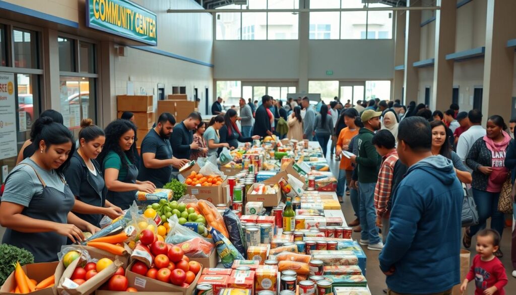 A bustling community center, its façade adorned with vibrant signage, stands as the focal point. In the foreground, a group of volunteers diligently sort and organize donations, their expressions radiating warmth and compassion. The middle ground showcases long tables laden with a diverse array of fresh produce, canned goods, and non-perishable items, ready to be distributed to those in need. In the background, a diverse crowd of individuals and families move through the space, their faces lit by the soft, natural lighting filtering in through large windows. The overall atmosphere conveys a sense of unity, shared purpose, and a commitment to supporting the local community.