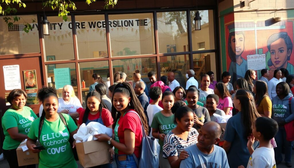 A bustling community center, its facade bathed in warm afternoon light. In the foreground, a group of volunteers engage in various acts of service - sorting donations, serving meals, and leading workshops. Their expressions radiate kindness and purpose. The middle ground reveals a diverse gathering of locals, young and old, interacting and collaborating. Expansive windows offer glimpses into classrooms where educational programs are in session. The background depicts a vibrant mural, celebrating the neighborhood's rich cultural tapestry. An atmosphere of unity, empowerment, and social impact permeates the scene, capturing the essence of community outreach.