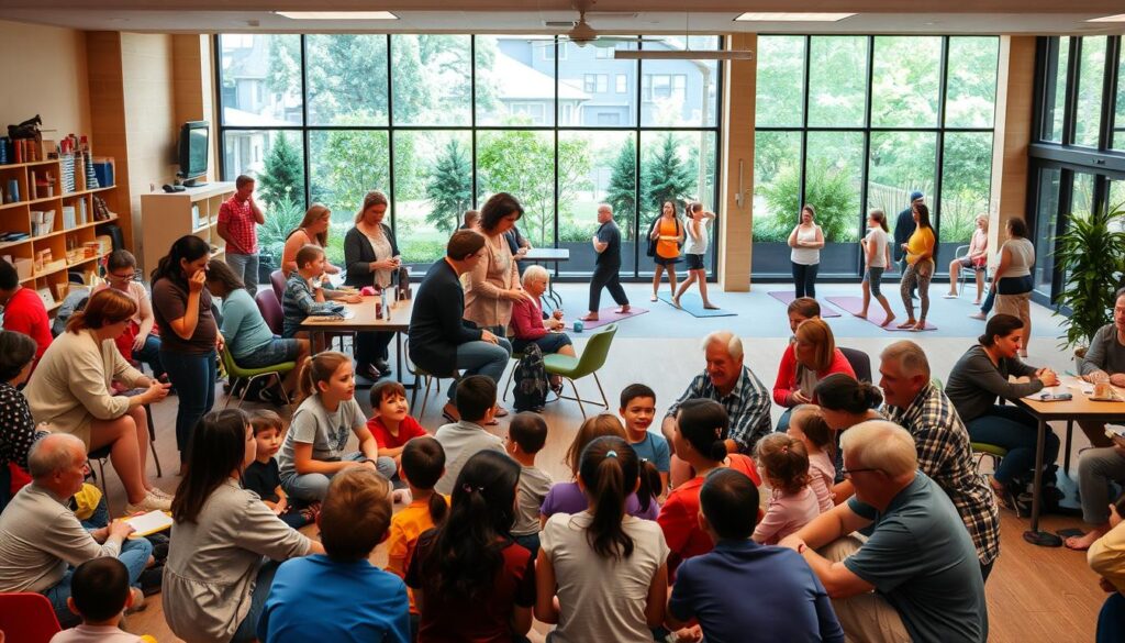 A bustling community center, warm and inviting, with people of all ages and backgrounds gathered in groups, engaged in various activities. In the foreground, a group of children sit in a circle, listening intently to a teacher sharing a story. Nearby, adults converse animatedly, sharing meals and laughter. The middle ground features a well-equipped activity room, with art supplies, sports equipment, and comfortable seating areas. In the background, an expansive window offers a view of a lush, verdant outdoor space, where a small group practices yoga under the gentle glow of natural lighting. The atmosphere is one of unity, learning, and joyful connection.