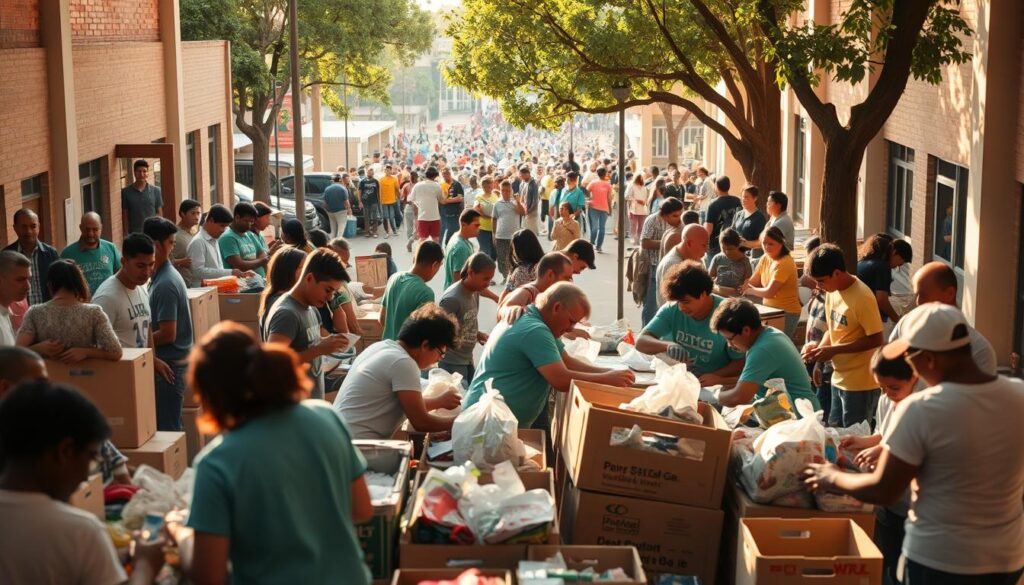A bustling community center with volunteers engaged in various activities. In the foreground, a group of people sorting and packing donated goods for distribution. In the middle ground, a team of volunteers painting and refurbishing a local school. In the background, a diverse crowd of community members participating in a cleanup effort along a tree-lined street. Warm, natural lighting casts a welcoming glow, capturing the spirit of service and collaboration. A sense of purpose and camaraderie permeates the scene, showcasing the positive impact of community-driven initiatives.