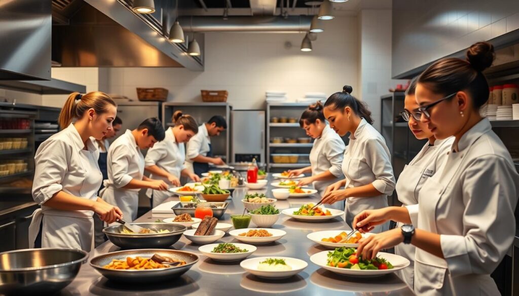 A bustling culinary training kitchen, brightly lit with warm, natural lighting that casts a cozy glow. On the countertops, students in crisp white uniforms carefully prepare a variety of dishes, their faces focused as they chop, sauté, and plate. In the background, stainless steel appliances and shelves of ingredients hint at the professional-grade tools and resources available. The atmosphere is one of engaged learning, with an instructor overseeing the students' progress, guiding and encouraging them. The scene radiates a sense of empowerment, as these students gain the skills and confidence to pursue rewarding careers in the culinary arts.
