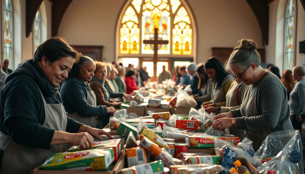 A bustling food pantry service, illuminated by warm natural light streaming through large windows. In the foreground, volunteers meticulously sort and arrange an assortment of non-perishable goods, their faces radiating compassion. In the middle ground, a diverse group of community members wait patiently, their expressions reflecting gratitude and hope. The background showcases the inviting interior of a local church, its stained-glass windows casting a serene, spiritual atmosphere. The scene embodies the Protestant church's commitment to "Faith in Action," serving the community with kindness, generosity, and the good news of Jesus Christ.