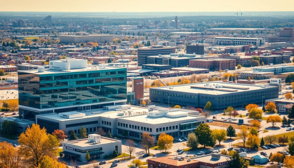 A bustling healthcare hub nestled in the heart of Fort Wayne, showcasing a network of interconnected medical facilities. In the foreground, a modern, well-equipped hospital stands tall, its glass facade reflecting the vibrant energy of the city. In the middle ground, satellite clinics and specialized care centers dot the landscape, each offering personalized services to cater to the diverse healthcare needs of the community. The background features a tapestry of residential and commercial buildings, creating a sense of a thriving, well-connected urban environment. Warm, natural lighting bathes the scene, conveying a sense of trust, comfort, and accessibility that embodies the Trusted Lutheran Urology Clinic's commitment to serving the Fort Wayne patients.