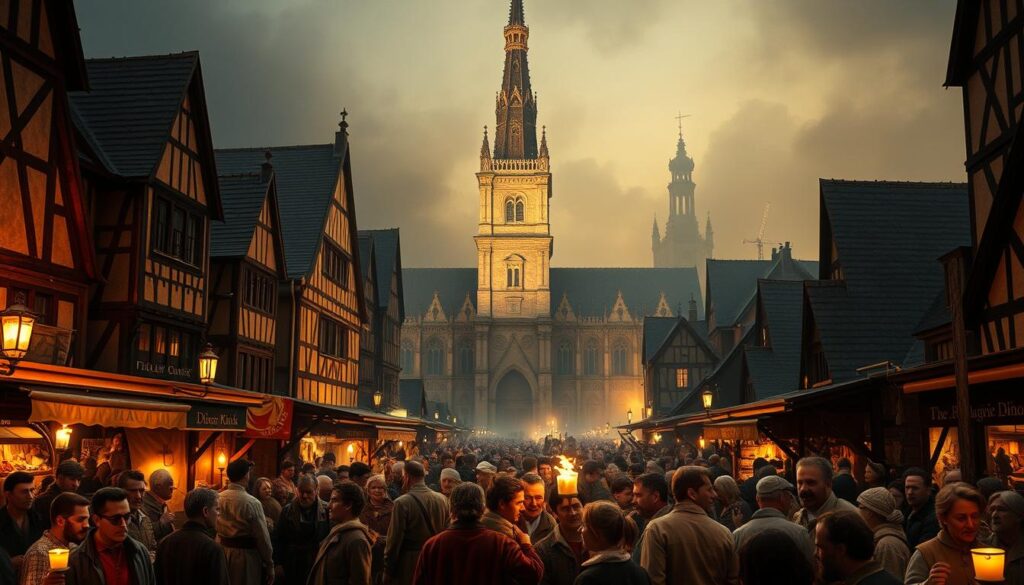 A bustling market square in a Reformation-era town, illuminated by warm candlelight and the glow of torches. In the foreground, a diverse crowd gathers - merchants, tradesmen, and citizens engaged in lively debates and exchanges. Their expressions reflect the social tensions and upheaval of the time. In the middle ground, the steeple of a grand cathedral looms, its ornate architecture a testament to the historical power of the Church. The background is hazy, with shadowy figures moving between the buildings, hinting at the political and religious unrest sweeping through the region. An atmosphere of change and uncertainty pervades the scene, capturing the profound social shifts of the Reformation era.