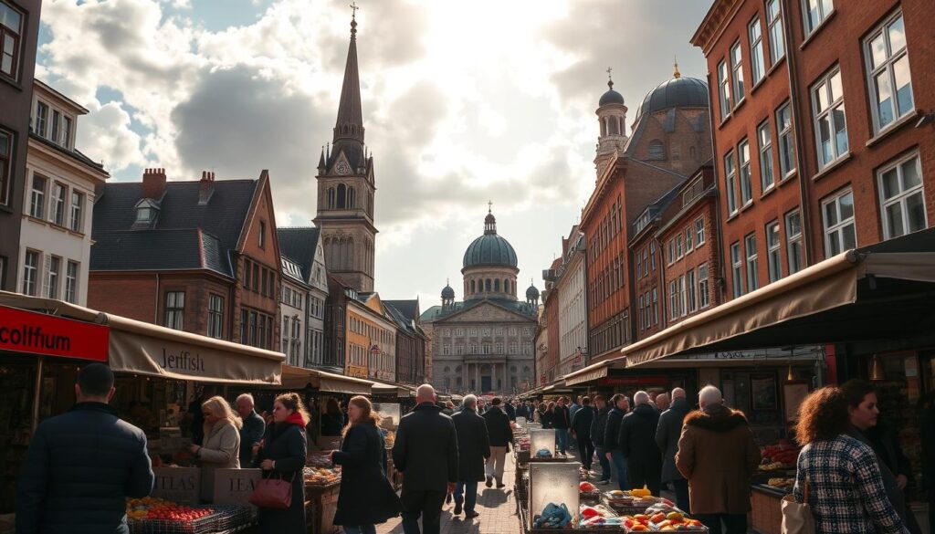 A bustling street in historic Hamburg, Germany, showcasing the intermingling of Lutheran and Jewish influences. In the foreground, merchants haggle and exchange goods at open-air stalls, their diverse attire and accents reflecting the city's cultural tapestry. Towering church spires and synagogue domes rise in the middle ground, their ornate architecture a testament to the region's long-standing interfaith traditions. Sunlight filters through the clouds, casting a warm, golden glow over the scene, accentuating the harmony and collaboration between the two communities. The overall atmosphere conveys a sense of prosperous coexistence, where commercial and social bonds transcend religious boundaries.