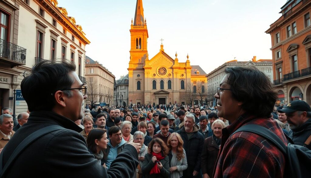 A bustling town square, the center of a lively public debate. In the foreground, two individuals passionately argue their viewpoints, gesticulating animatedly as onlookers gather around. The middle ground is filled with a diverse crowd, some nodding in agreement, others shaking their heads in dissent. In the background, the stately architecture of a historic church stands as a silent witness, its towering spire casting a warm, golden glow over the scene. The lighting is soft and natural, highlighting the intensity of the discussion and the sense of community. The overall atmosphere conveys the importance of open dialogue and the clash of ideas in a modern, pluralistic society.