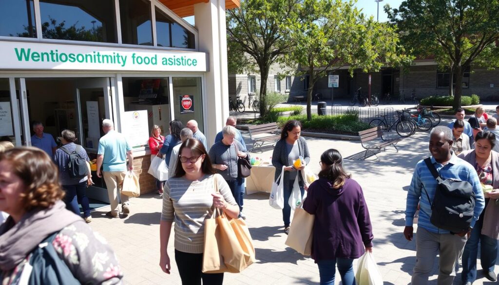 A busy community food assistance location on a sunny day, with a welcoming entrance and signage. In the foreground, people of diverse backgrounds entering the building, carrying grocery bags. In the middle ground, volunteers and staff assisting visitors, handing out food and supplies. The background features a well-maintained outdoor area with benches, trees, and bicycle racks, creating a sense of community and accessibility. The lighting is natural and bright, casting a warm, inviting atmosphere. Captured with a wide-angle lens to showcase the scale and activity of the scene.