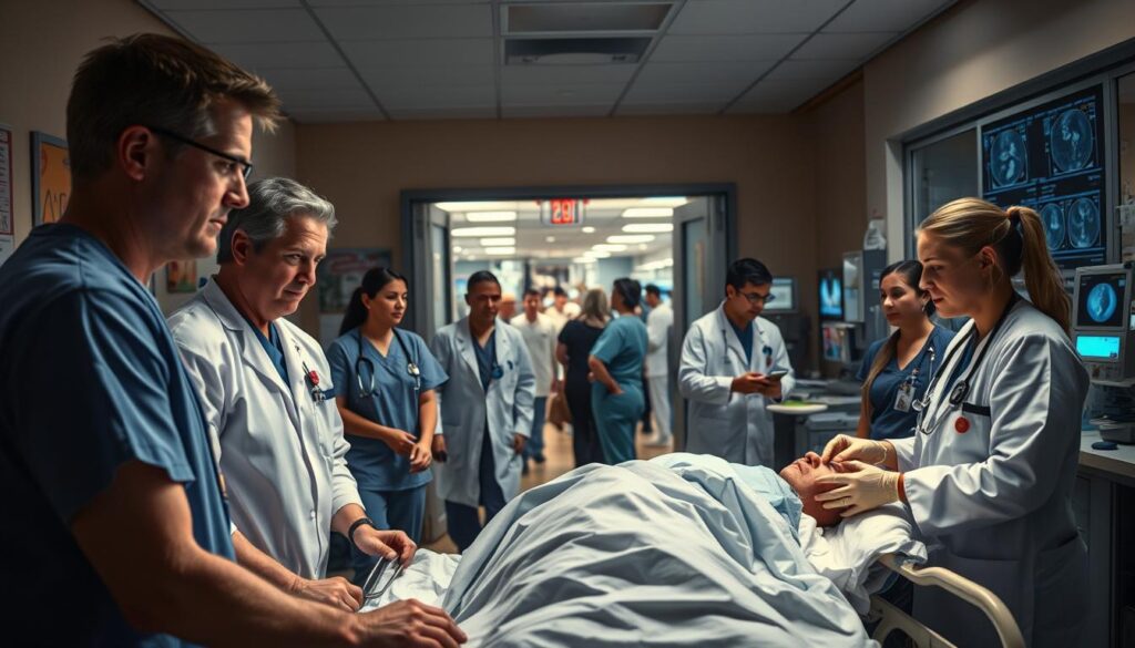 A busy emergency department team in action, captured with a wide-angle lens and dramatic lighting. In the foreground, skilled clinicians in scrubs and white coats attend to a patient on a gurney, their faces etched with concentration. In the middle ground, nurses and orderlies hustle between stations, monitoring equipment and exchanging vital information. In the background, the bustling chaos of the ER is visible through a doorway, with the glow of diagnostic screens and the urgency of voices creating a palpable sense of emergency. The scene conveys the dedication, expertise, and teamwork that defines the Lutheran ER's approach to providing trusted, life-saving care to the community.