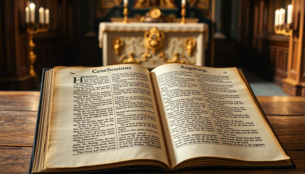 A carefully preserved medieval manuscript, the Augsburg Confession document lies open on a wooden table, its yellowed parchment pages illuminated by soft, warm lighting. The intricate calligraphic script and ornate initial letters evoke the reverence and solemnity of the 16th century Lutheran text. In the background, a richly decorated altar or pulpit suggests the document's profound theological significance, while the muted tones and vintage textures create a sense of historical gravitas. The scene conveys the Augsburg Confession's role as a foundational text of the Lutheran faith, a tangible link to the Reformation's origins.