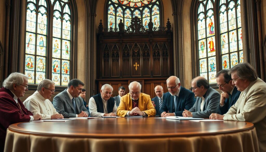 A cathedral's stained glass windows cast a warm, reverent light upon a gathering of diverse Protestant denominational leaders engaged in prayerful discussion. The foreground features a circular table, where representatives from various churches - some in traditional robes, others in contemporary attire - lean forward, their expressions serious yet thoughtful, as they deliberate the complex theological and social implications of same-sex marriage. In the middle ground, a backdrop of wooden pews and ornate architectural details suggests the solemn grandeur of the sacred space. The overall mood is one of earnest contemplation, as the leaders grapple with reconciling their faith's teachings with the evolving societal landscape.