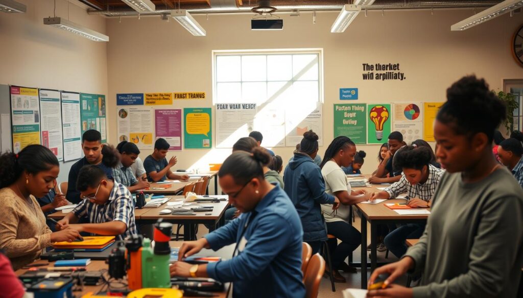 A classroom setting with a diverse group of students engaged in various vocational training activities. The foreground depicts hands-on learning, such as participants operating tools or equipment, under the guidance of experienced instructors. The middle ground showcases collaborative workstations, where students work together on projects, fostering a sense of community. In the background, colorful informational posters and motivational displays adorn the walls, creating an inspiring and empowering atmosphere. Warm, natural lighting fills the space, casting a welcoming glow and conveying a spirit of empowerment and growth. The overall scene reflects the Lutheran Metropolitan Ministry's commitment to providing comprehensive community job training programs that transform lives.