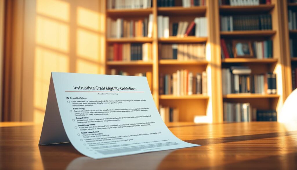 A clean, crisp set of grant eligibility guidelines displayed on a polished, wooden desk. The guidelines are presented in a well-organized, professional manner, with clear headings and bullet points. A warm, natural light floods the scene, creating a welcoming and inviting atmosphere. The desk is angled slightly, providing a dynamic perspective. In the background, a bookshelf filled with relevant resources creates a sense of authority and expertise. The overall composition conveys a sense of clarity, accessibility, and institutional credibility, perfectly suited to illustrate the "Navigating Grant Opportunities and Innovative Giving Solutions" section of the article.