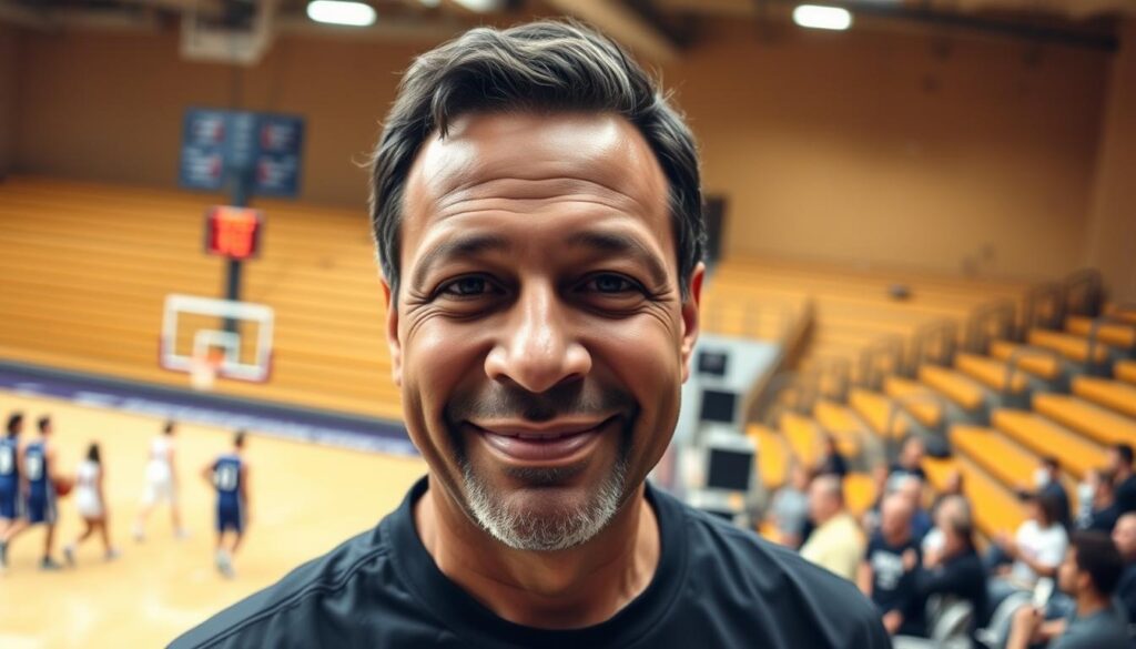 A close-up portrait of Coach Sam Liggins, the esteemed head coach of the Lutheran East basketball team, standing confidently on the sidelines of the court. His face exudes a calm, authoritative presence, with a slight smile that conveys his unwavering commitment to his players and the game. Soft, warm lighting illuminates his features, casting subtle shadows that accentuate his determined expression. The middle ground showcases the bustling energy of the basketball court, with players in motion, creating a dynamic, energetic atmosphere. In the background, the gymnasium's wooden bleachers and muted tones provide a subdued, supportive backdrop, emphasizing the focus on the coach's leadership and the team's winning culture.