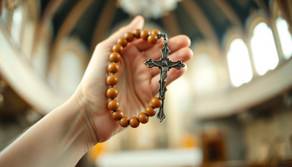 A close-up shot of prayer beads held in a reverent hand, the polished wooden beads and metal crucifix gleaming under soft, diffuse lighting. The beads are placed against a blurred, ethereal background suggesting a serene, contemplative atmosphere. The composition emphasizes the tactile, meditative qualities of the rosary, inviting the viewer to consider its use in devotional worship. Subtle hints of a church interior or religious architecture lend a sense of sacred space, guiding the eye towards the central focus of the prayer beads.
