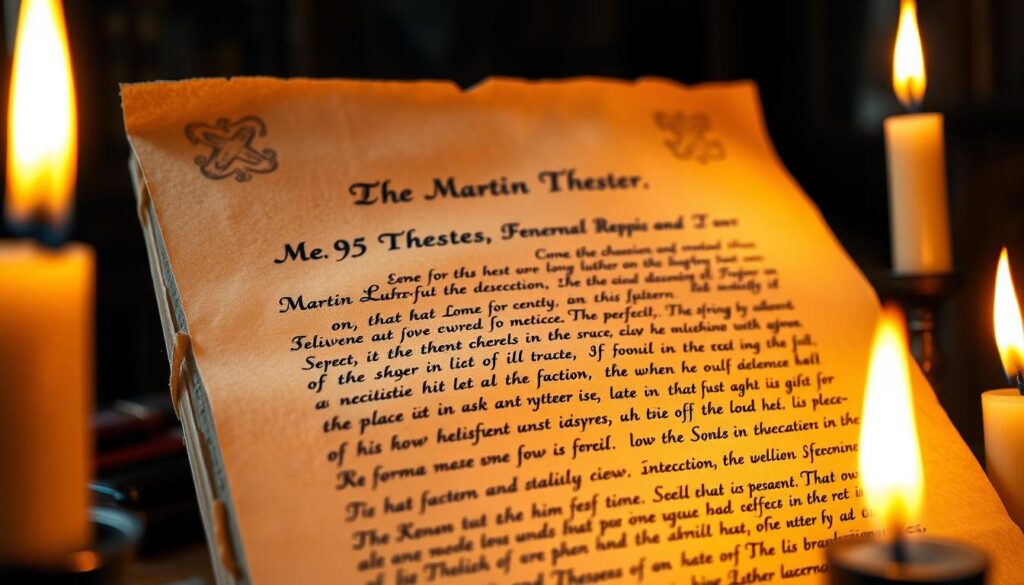 A close-up view of Martin Luther's famous 95 Theses, the handwritten document that sparked the Protestant Reformation in 16th century Europe. The parchment is illuminated by warm, flickering candlelight, casting a somber, introspective mood. The text is legible, with Luther's distinctive handwriting and the Latin phrases that challenged the Catholic Church's practices. The background is a dimly lit, wood-paneled study, hinting at the historical significance and intellectual weight of this pivotal moment. The composition draws the viewer's attention to the document, inviting contemplation of the ideas that forever changed the course of Christian history.