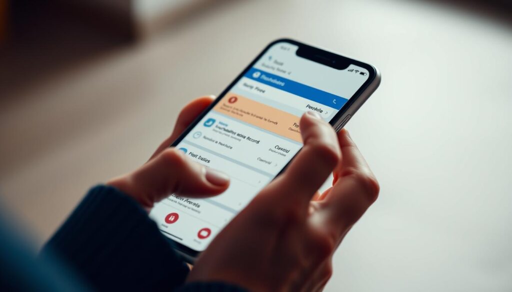 A close-up view of a hand navigating a sleek, modern mobile device's patient portal interface. The screen displays a clean, intuitive dashboard with easy-to-access options for managing healthcare records, scheduling appointments, and communicating with healthcare providers. The interface is highlighted by vibrant, yet calming colors and minimalist design elements, exuding a sense of professionalism and efficiency. The background is blurred, placing the focus on the thoughtfully designed user experience. Soft, directional lighting casts subtle shadows, adding depth and a sense of depth to the composition. The overall mood is one of confidence, control, and a seamless integration of technology into healthcare.