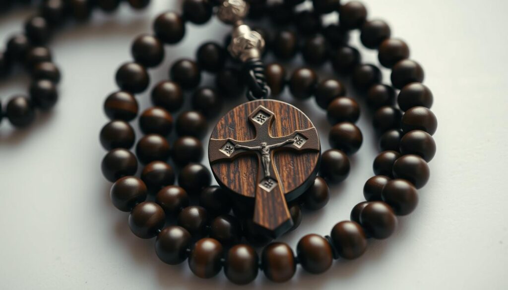 A close-up view of a lutheran rosary, with the beads carefully arranged in a symmetrical circular pattern. The wooden cross pendant is prominently displayed in the center, casting a warm, soft glow from a low-angle lighting source. The beads themselves are a mix of dark, polished wood and intricate metalwork, creating a visually striking and tactile composition. The background is slightly out of focus, suggesting a contemplative, meditative atmosphere. The overall mood is one of reverence, tranquility, and devotion.