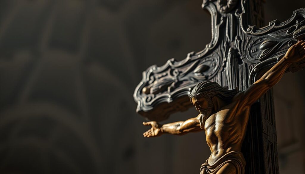 A close-up view of a weathered, ornate crucifix against a dimly lit, atmospheric background. The cross is carved from intricate, textured wood, with a faint golden patina shimmering in the soft, directional lighting. The figure of Christ is sculpted in detailed realism, conveying a sense of profound suffering and sacrifice. Shadows and highlights accentuate the three-dimensional form, creating a powerful, contemplative mood. The background is hazy and muted, with hints of a vaulted, ecclesiastical setting, emphasizing the sacred, spiritual nature of the subject.