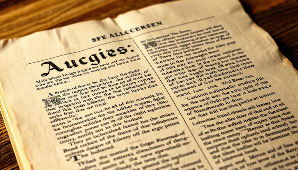 A close-up view of the Augsburg Confession, an influential Lutheran document from the 16th century. The parchment is illuminated by a warm, soft light, revealing the intricate calligraphy and decorative initials. The edges are slightly worn, adding a sense of historical significance. The document is presented on a wooden table, with a neutral background that allows the text to take center stage. The overall mood is one of reverence and scholarly contemplation, befitting the importance of this foundational text of Lutheranism.