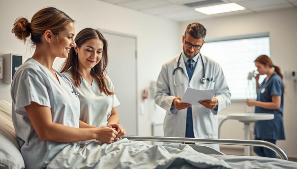 A compassionate healthcare team stands in a well-lit, modern hospital setting. In the foreground, a nurse tenderly holds the hand of a patient on a hospital bed, their expressions conveying empathy and care. In the middle ground, a doctor reviews patient charts with a concerned yet reassuring demeanor, while a medical assistant prepares medication nearby. The background depicts a calming, sterile environment with state-of-the-art medical equipment, conveying a sense of professionalism and attentive patient-centered service. Soft, diffused lighting and muted tones create a soothing, comforting atmosphere, reflecting the team's dedication to providing a compassionate patient experience.