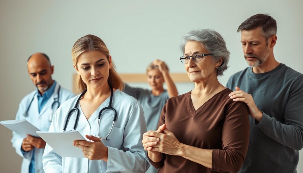 A compassionate healthcare team stands united, each member's expression reflecting a deep empathy and dedication to patient care. In the foreground, a nurse tenderly holds the hand of an elderly patient, their eyes conveying a profound understanding. Behind them, a doctor examines a medical chart, brow furrowed with focused concentration. In the middle ground, a physical therapist guides a patient through gentle exercises, their movements fluid and encouraging. The background is softly lit, creating a serene and calming atmosphere, with muted tones and a sense of order and professionalism. This image captures the essence of a healthcare team committed to providing exceptional, empathetic care.