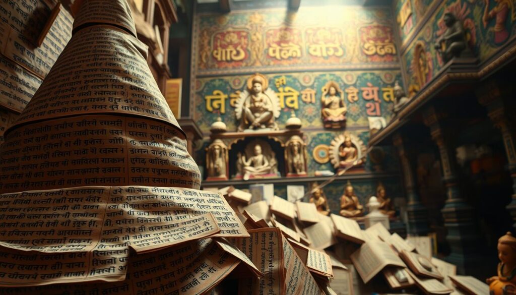 A complex hierarchy of language and social standing, with ancient Sanskrit at the apex, cascading down through vernacular tongues, ending in marginalized dialects. In the foreground, intricate scripts intertwine, reflecting the nuanced interplay of religion, tradition, and caste. The middle ground features symbolic deities and architectural elements, hinting at the deeply intertwined nature of language and belief. The background is a tapestry of vibrant colors, patterns, and textures, evoking the rich cultural tapestry of Hinduism. Dramatic lighting casts dramatic shadows, lending an air of reverence and solemnity to the scene. Captured with a wide-angle lens to convey the grand scale and scope of this linguistic and social landscape.