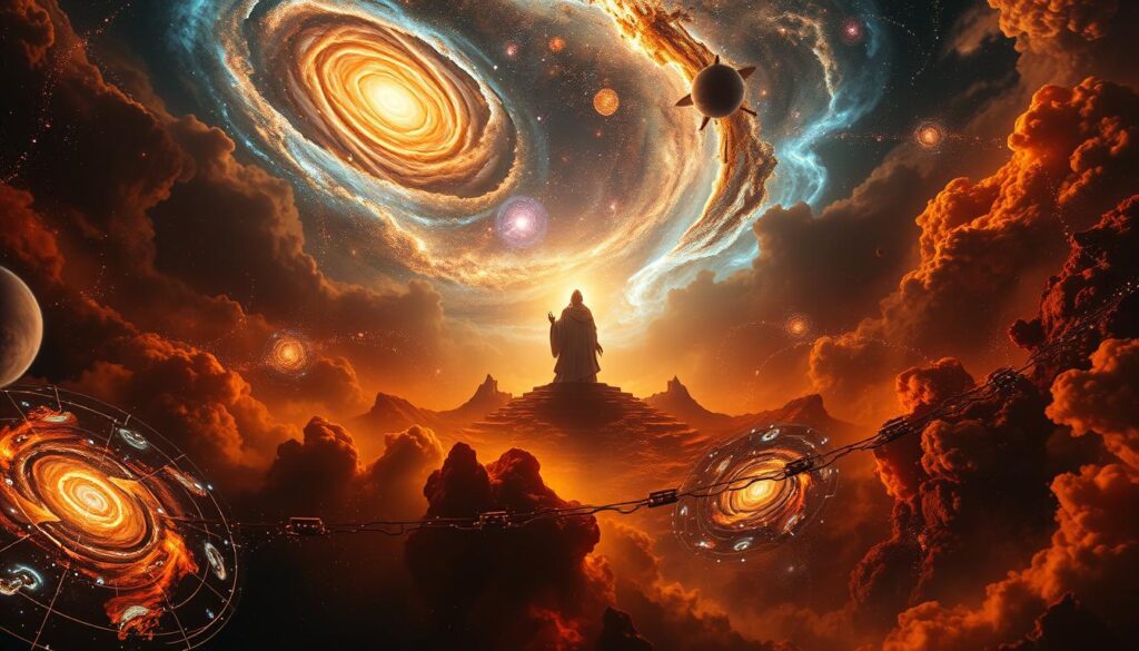 A cosmic dance of creation, preservation, and destruction. In the foreground, swirling galaxies and nebulae, their brilliant colors and intricate patterns pulsing with the rhythm of the universe. In the middle ground, a towering figure, the embodiment of the divine, casting a serene yet powerful gaze upon the celestial panorama. The background shrouded in the mysterious shadows of the void, hinting at the boundless depths of the cosmos. Warm, saturated lighting illuminates the scene, creating a sense of timeless wonder and reverence. Captured with a wide-angle lens to convey the grand, sweeping scale of this cosmic cycle of life and death.