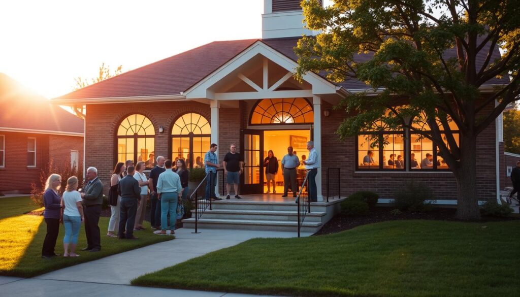 A cozy Lutheran church community center, its welcoming facade bathed in warm afternoon sunlight. A group of congregants gathered on the front steps, engaged in lively conversation. The building's steeple rises majestically, casting a long shadow across the well-manicured lawn. Inside, glimpses of a bustling activity can be seen through the large, stained-glass windows - a bake sale, a Sunday school class, a community outreach program. The scene exudes a sense of fellowship, faith, and a deep-rooted connection to the local neighborhood.