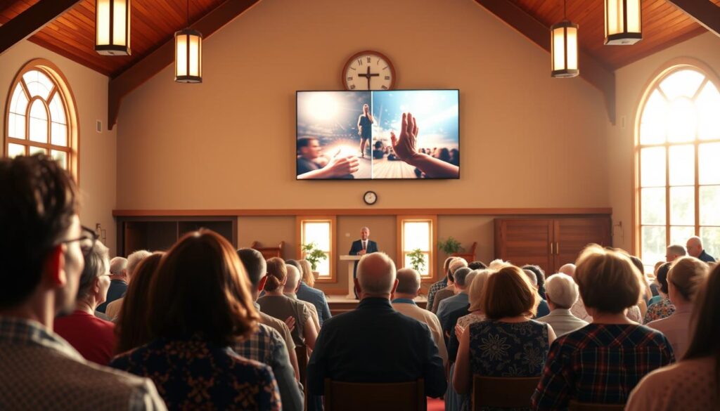 A cozy Lutheran church interior, bathed in warm, natural lighting from large windows. In the foreground, congregants reverently worship, their faces uplifted in contemplation. The middle ground features a modern, high-definition video screen streaming the service, its crisp, vibrant visuals captivating remote attendees. In the background, a welcoming fellowship hall awaits, where a friendly community gathers after the service to connect over refreshments. An atmosphere of spiritual nourishment and cherished community pervades the scene.