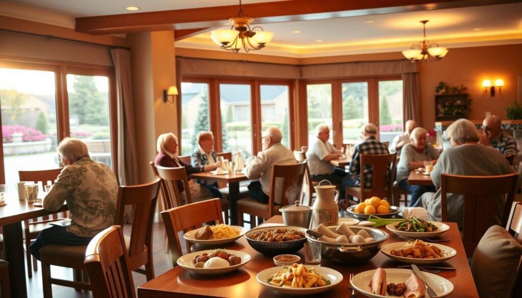 A cozy and inviting senior dining hall, bathed in warm, soft lighting that casts a gentle glow. Wooden tables and chairs, with plush cushions, arranged in a welcoming layout. In the foreground, a spread of delectable home-cooked meals, steaming and aromatic, tempting the senses. The middle ground features a community of seniors engaged in lively conversation, laughing and sharing stories over their meals. The background showcases large windows that offer picturesque views of a well-manicured outdoor garden, creating a serene and tranquil atmosphere. This scene exudes a sense of comfort, community, and the enrichment of senior lifestyles.