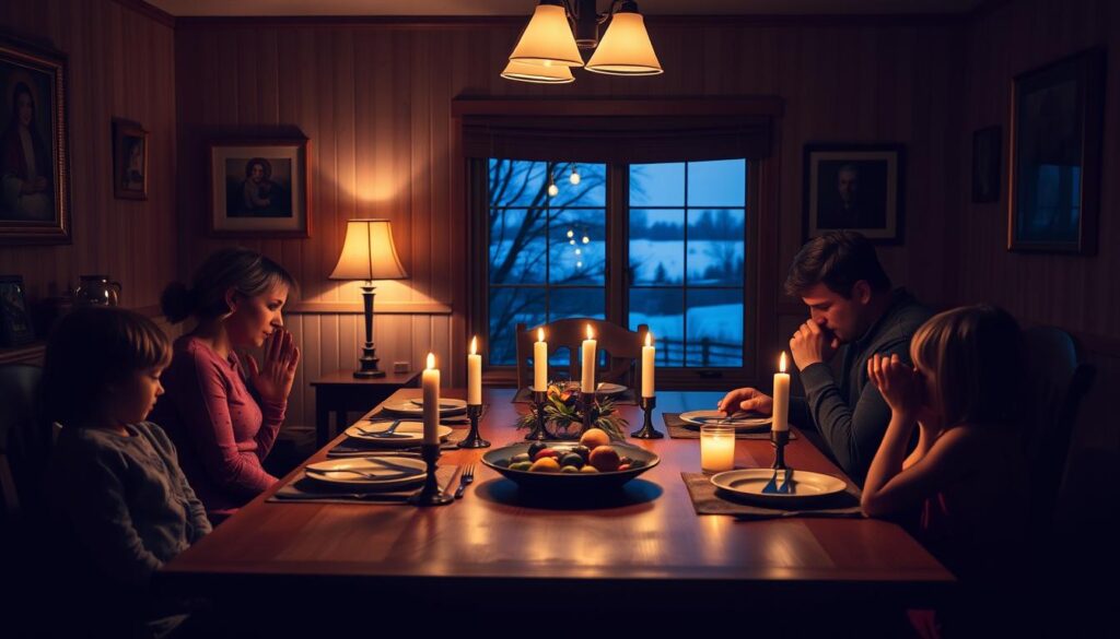 A cozy, dimly lit dining room with a large, oak table surrounded by a family of five. In the foreground, a mother and father sit at either end, their hands clasped as they lead a heartfelt Lutheran dinner prayer. Their three children, ranging in age, bow their heads reverently, the soft glow of candlelight casting a warm, intimate atmosphere. The walls are adorned with framed family portraits and religious artwork, reflecting the household's cherished traditions and devotion. Through the window in the background, a view of a snowy, twilight landscape underscores the sense of shelter and community within this sacred mealtime ritual.