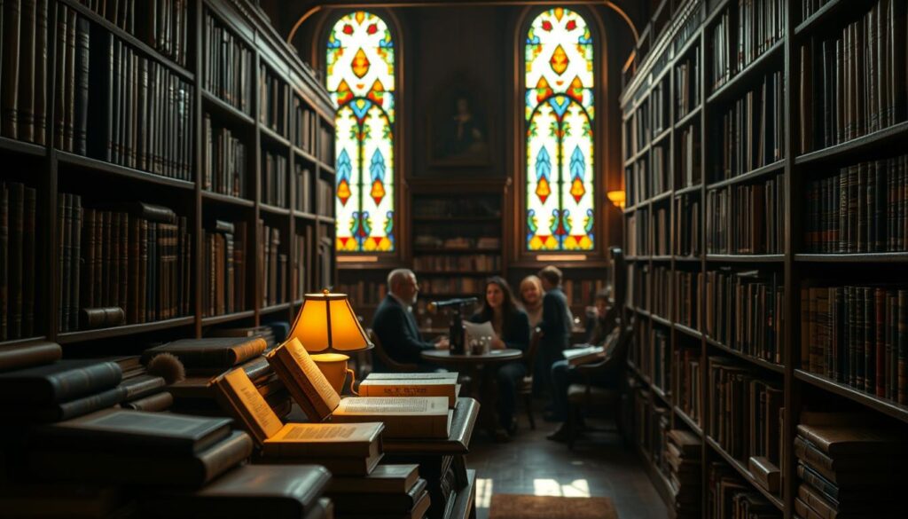 A cozy, dimly lit library filled with leather-bound books and hardwood shelves. In the foreground, a collection of faith-based literature - thoughtful essays, theological works, and inspiring stories. Soft, warm lighting casts a gentle glow, creating an atmosphere of contemplation and community. The shelves extend into the middle ground, leading the eye to a reading nook where a small group gathers, engaged in lively discussion. In the background, stained-glass windows filter sunlight, casting colorful patterns on the floor. The overall scene evokes a sense of intellectual and spiritual enrichment, where faith, literature, and community intersect.