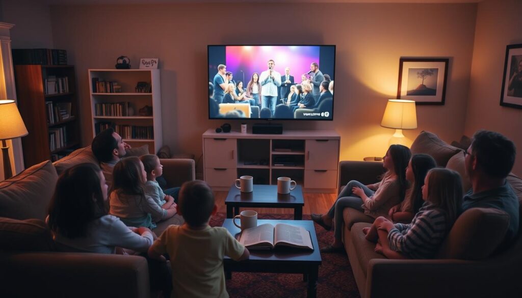 A cozy living room scene with a family gathered around a large television, watching a worship livestream service. Soft, warm lighting bathes the space, creating an inviting atmosphere. In the foreground, a group of children and adults sit on plush couches and armchairs, their faces illuminated by the screen, expressions of reverence and connection. The middle ground features a small coffee table with mugs and a Bible, hinting at the spiritual nature of the gathering. In the background, bookshelves and framed artwork add depth and a sense of a welcoming, faith-filled home. The overall mood is one of community, comfort, and spiritual nourishment.