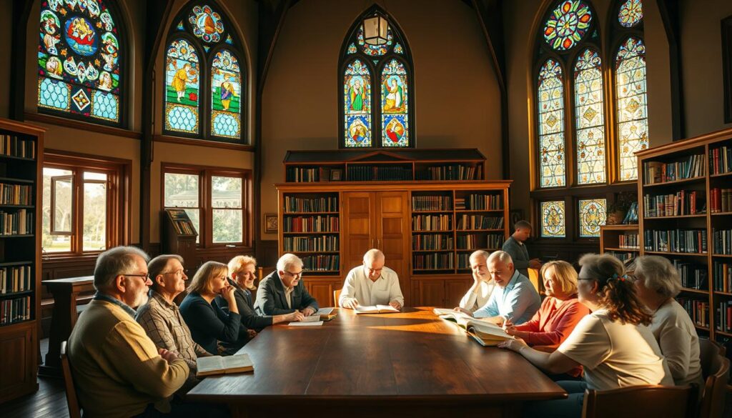 A cozy, sunlit interior of a Protestant church. In the foreground, a group of parishioners sit around a large wooden table, engaged in a lively Bible study. Their faces are lit by soft, warm lighting, exuding a sense of community and spiritual contemplation. In the middle ground, bookshelves line the walls, filled with well-worn volumes of scripture and theological texts. The background features ornate stained-glass windows, casting colorful patterns of light across the scene. The overall atmosphere is one of reverence, intellectual discourse, and the transformative power of faith.