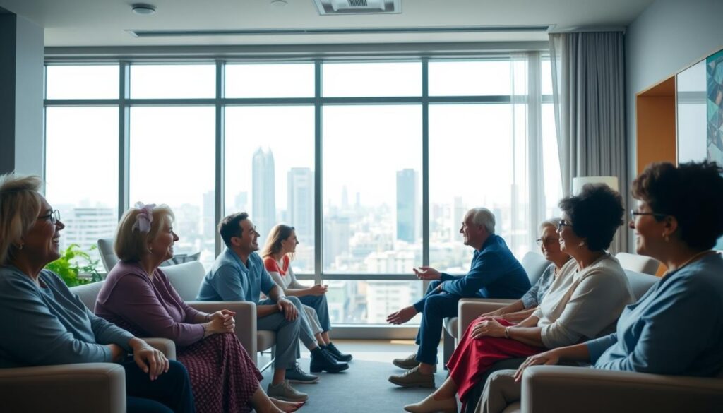 A cozy, warm-lit room where patients share their heartfelt stories. In the foreground, a group of diverse individuals sit comfortably, their faces filled with joy and gratitude. The middle ground showcases a clean, modern healthcare environment, conveying a sense of professionalism and care. In the background, a large window overlooking a bustling city skyline, symbolizing the patients' journey to recovery and renewed hope. Soft, natural lighting casts a gentle glow, creating an atmosphere of tranquility and healing. The scene evokes a sense of community, empathy, and the profound impact of exceptional healthcare.