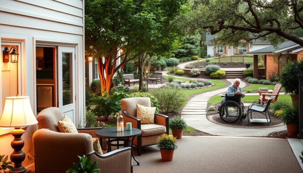 A cozy, welcoming assisted living facility nestled in a lush, tranquil setting. In the foreground, a well-appointed common area with plush armchairs, warm lighting, and potted plants, inviting residents to gather and socialize. In the middle ground, a modern, wheelchair-accessible kitchen where staff prepare nutritious, homemade meals. In the background, a serene outdoor garden with winding paths, benches, and a calming water feature, offering residents a peaceful respite. The entire scene is bathed in soft, natural light, conveying a sense of comfort, care, and community.