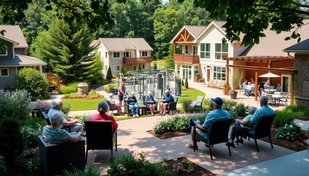 A cozy, well-appointed senior living community nestled amidst lush greenery and tranquil landscapes. In the foreground, a group of elderly residents enjoy a leisurely afternoon on a sun-dappled patio, surrounded by comfortable seating and well-tended flower beds. The middle ground features a modern, well-equipped fitness center with residents engaged in light exercise. In the background, a state-of-the-art community center with a library, activity rooms, and dining facilities, all bathed in warm, natural lighting. The overall atmosphere exudes a sense of comfort, security, and vibrant community living.