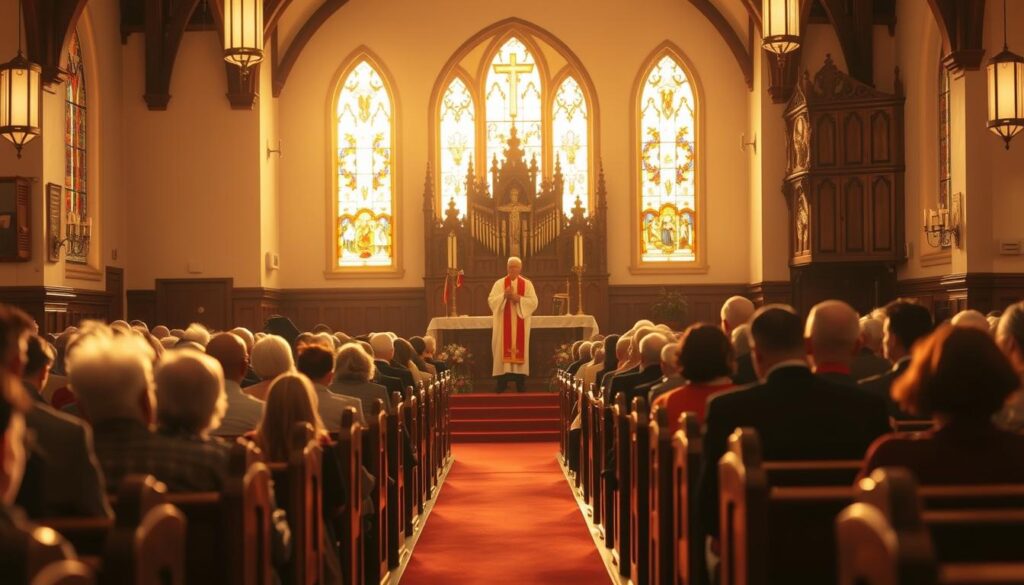 A cozy, well-lit Lutheran Missouri Synod church interior, bathed in warm, golden light filtering through stained glass windows. In the spacious sanctuary, a congregation of devout worshippers, dressed in their Sunday best, sits attentively in polished wooden pews, listening intently to the sermon delivered by a robed pastor at the ornate, pulpit. The altar is adorned with intricate carvings, candlesticks, and a large cross, reflecting the reverence and tradition of this Christian denomination. The atmosphere is one of solemn reflection and communal fellowship, capturing the essence of a Missouri Synod congregation gathering.