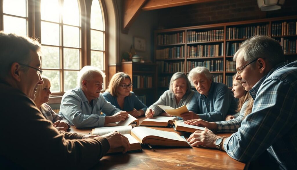 A cozy, well-lit church basement with a group of adults gathered around a table, engaged in lively discussion. Sunlight streams through large windows, casting a warm glow over the scene. In the foreground, a mix of faces – some pensive, others animated, as they intently study worn, leather-bound Bibles. Shelves of books line the walls, hinting at the wealth of knowledge available. The atmosphere is one of thoughtful contemplation and spiritual growth, as the group delves deeper into the scriptures, seeking wisdom and connection.