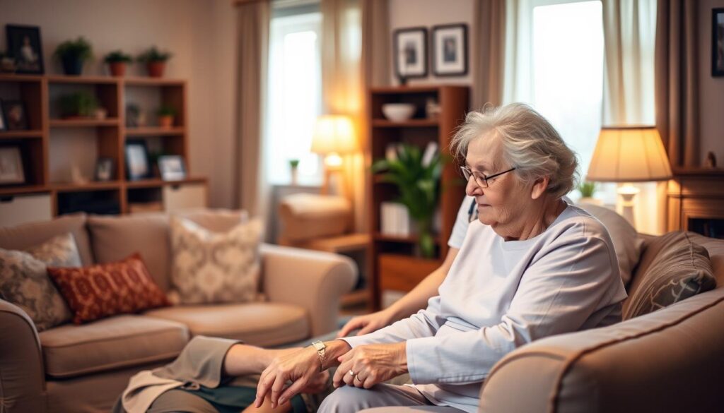 A cozy, well-lit living room filled with comfortable furniture and warm lighting, showcasing a nurse assisting an elderly person with daily tasks. The room is decorated with personal touches, such as family photos and houseplants, creating a welcoming, homelike atmosphere. The nurse, dressed in a professional uniform, gently guides the older adult, conveying a sense of compassion and attentive care. The scene captures the essence of comprehensive home care services, where older adults can maintain their independence and well-being in the comfort of their own residence.