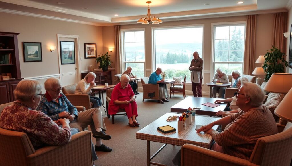 A cozy, well-lit memory care activity room with warm lighting and a soft, inviting atmosphere. In the foreground, a group of elderly residents engaged in a variety of therapeutic activities, such as arts and crafts, board games, and gentle exercises. The middle ground features comfortable seating arrangements and a soothing color palette, while the background showcases expansive windows overlooking a serene, nature-inspired landscape. The overall scene conveys a sense of tranquility, community, and personalized care tailored to the needs of the residents.