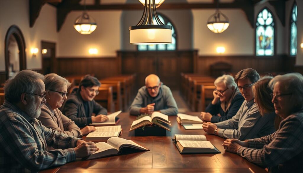 A cozy, well-lit room with a large wooden table at the center, around which a group of adults sit, deep in discussion. Soft, warm lighting from overhead lamps casts a gentle glow, creating an atmosphere of contemplation and fellowship. The group is diverse, with men and women of various ages, engaged in lively discourse, their faces animated as they pore over open Bibles and reference materials. The background is blurred, but suggests a church setting, with wooden pews and stained-glass windows visible in the distance. The overall scene conveys a sense of community, spiritual inquiry, and the nourishment of faith through the shared study of God's Word.