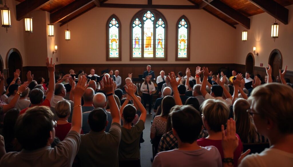 A cozy, well-lit sanctuary filled with a diverse congregation engaged in a lively worship service. In the foreground, people of all ages raise their hands in praise, their faces radiating joy and reverence. The middle ground features a choir harmonizing beautifully, accompanied by an organist and a small ensemble of musicians. In the background, stained glass windows cast warm, multicolored light, creating a serene and sacred atmosphere. The scene conveys a strong sense of community, fellowship, and devotion, capturing the essence of a vibrant Protestant church service.