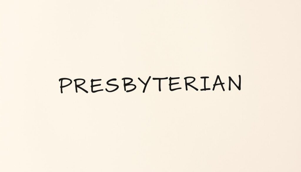 A crisp and neatly handwritten crossword answer on an off-white paper background, with a warm, soft lighting creating subtle shadows and highlights. The word "PRESBYTERIAN" stands out prominently, rendered in a classic serif font with clean lines and gentle serifs. The paper has a slightly worn, vintage texture, adding a sense of history and authenticity. The composition is centered, allowing the crossword answer to be the clear focal point, framed by a minimal, unobtrusive layout. The overall mood is one of scholarly elegance and thoughtful contemplation, befitting the subject of a Protestant church-goer.