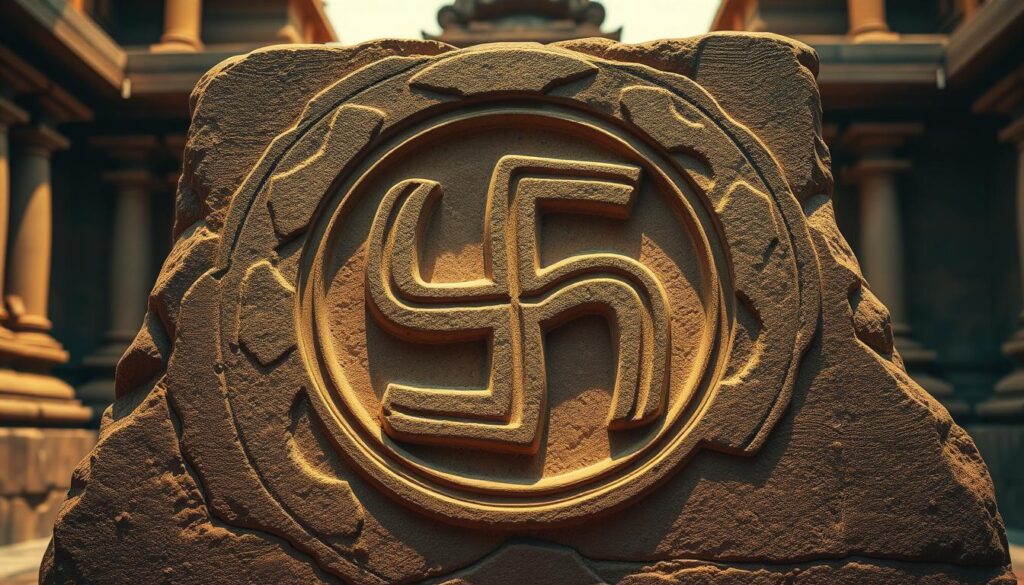 A detailed ancient stone carving depicting the historical origins of the swastika symbol, a sacred geometry deeply rooted in Hinduism. The intricate design showcases the symbol's long-standing significance, with elegant curving lines and precise symmetry. The carving is illuminated by warm, diffused lighting, casting subtle shadows that accentuate the tactile texture of the stone. The composition features the swastika motif prominently in the foreground, surrounded by a meditative, serene atmosphere that captures the symbol's spiritual essence. The background subtly suggests a temple or sacred architectural setting, hinting at the swastika's venerated place within Hindu tradition.