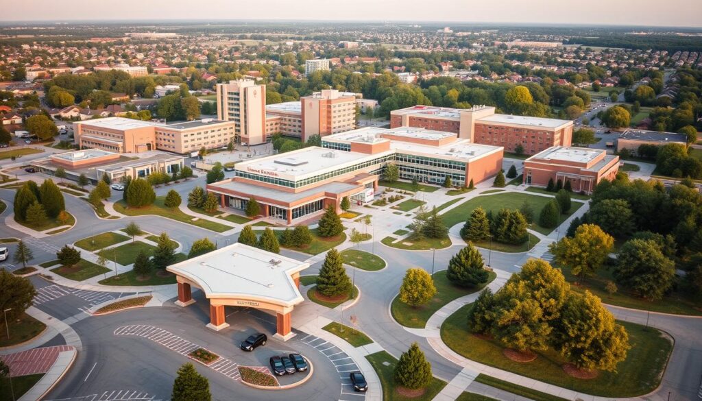 A detailed campus map of Advocate Lutheran General Hospital, captured under soft, diffused natural lighting. The foreground features the main entrance and drop-off area, with neatly landscaped greenery and pedestrian pathways. The middle ground showcases the hospital's key buildings, including the main tower, research center, and outpatient clinics, all rendered in a cohesive architectural style. The background gradually fades into the surrounding suburban neighborhood, providing context and scale. The overall scene conveys a sense of welcoming, efficiency, and easy navigation for patients, visitors, and staff exploring the campus.