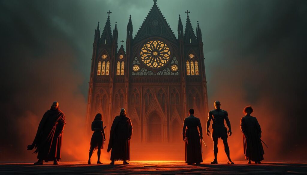 A detailed, cinematic scene of the seven deadly sins embodied in symbolic forms. In the foreground, seven distinct figures - each representing one of the sins - stand in a dramatic pose, illuminated by warm, dramatic lighting that casts deep shadows. In the middle ground, a vast, ornate cathedral-like structure looms, its gothic architecture and stained glass windows casting an air of religious grandeur. The background is shrouded in a moody, atmospheric haze, adding depth and a sense of mystery. The overall composition conveys a sense of weight, temptation, and the eternal struggle between good and evil.