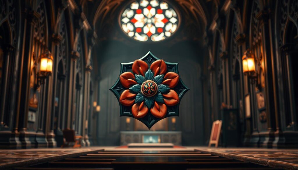 A detailed, highly realistic image of the "Luther Rose" theological symbol. The foreground features the iconic rose design with intricate petals and vibrant colors, set against a middle ground of ornate, gothic-inspired architectural elements in shades of gray and brown. The background showcases a dimly lit, contemplative setting with subtle religious iconography and a sense of reverence. Warm, dramatic lighting illuminates the scene, casting dramatic shadows and highlighting the symbol's symbolic meaning. The composition emphasizes the rose's central placement, conveying its significance as a representation of Lutheranism's core theological principles.